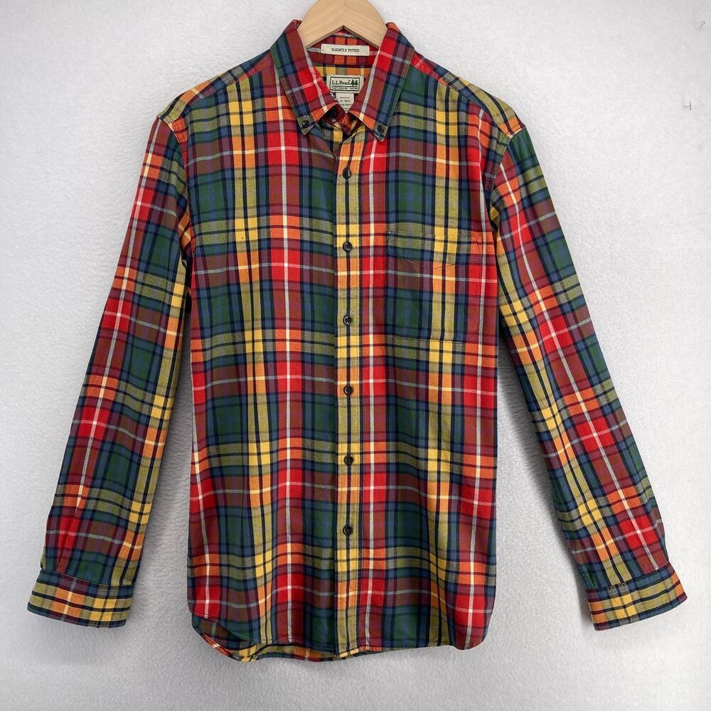 LL BEAN Shirt Mens M Scotch Plaid Flannel Slightly Fitted Button Down Red Green - Picture 2 of 14